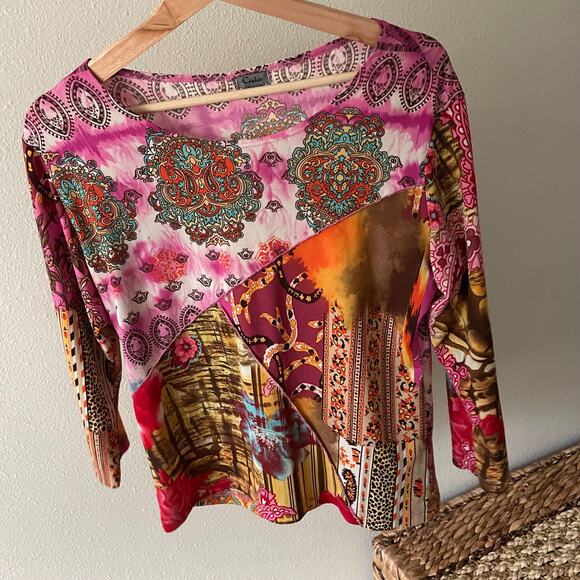 y2k vintage 00's pink paisley printed fairy boho top | size L - Picture 5 of 10